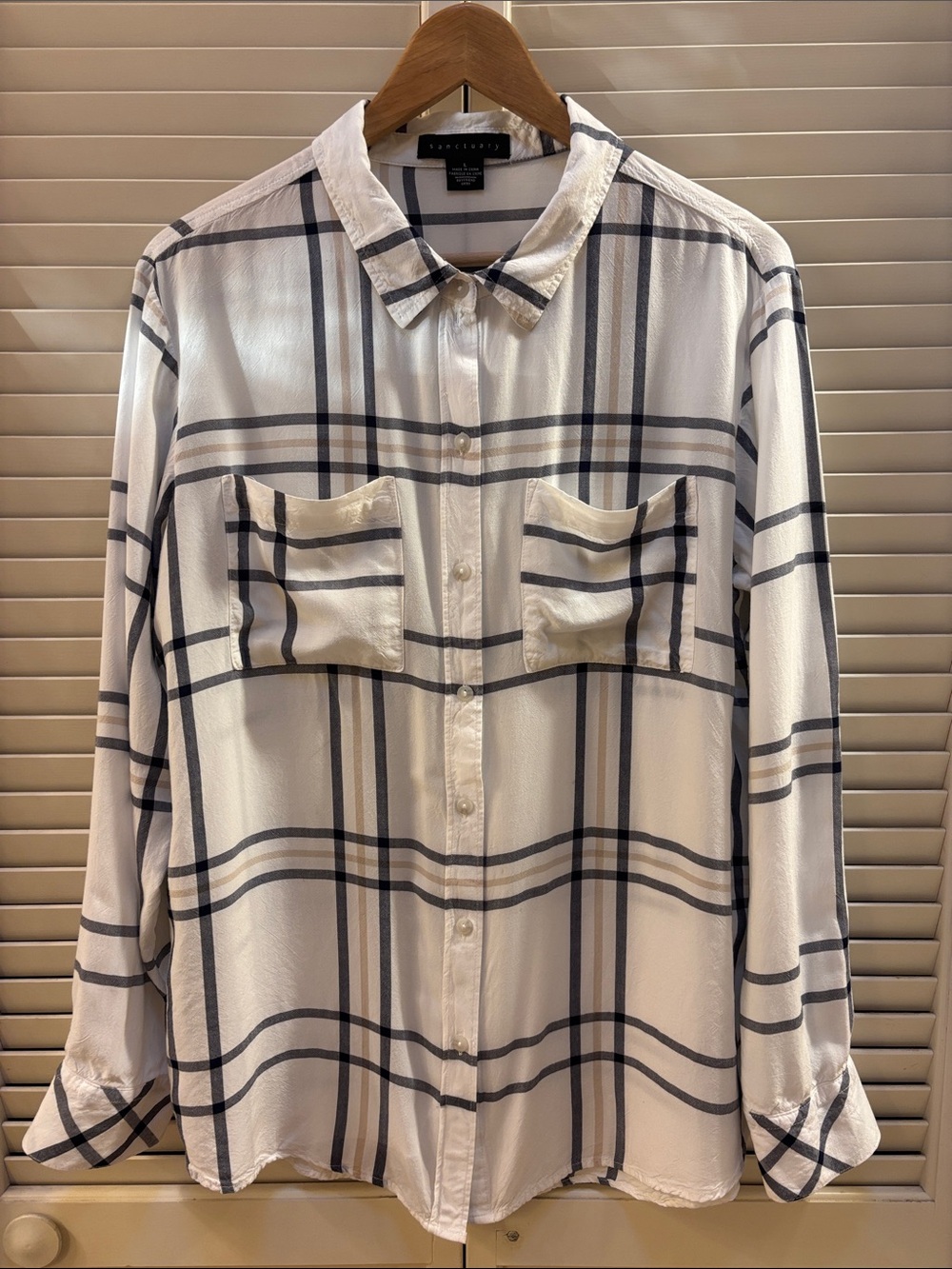 Sanctuary White Button-Down Plaid Shirt with Navy and Tan Stripes